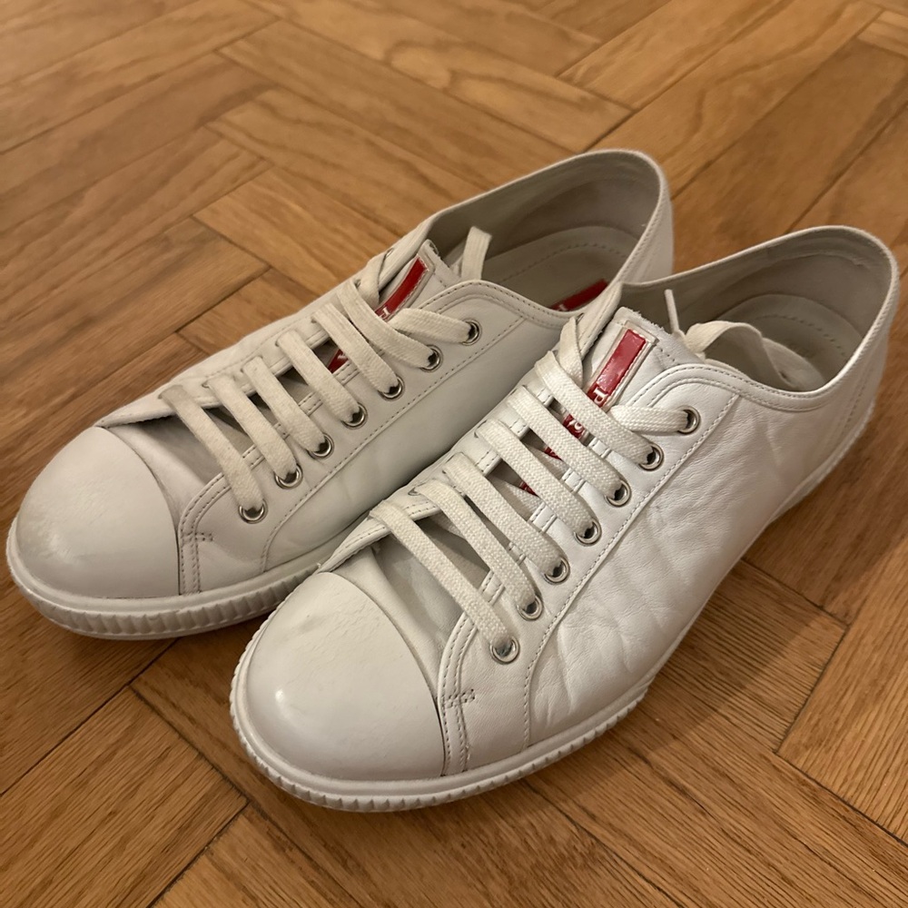 Prada White Leather Men's Sneakers with Red Accents